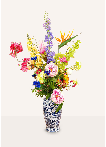 Tropical Vibes zijden bloemen kunstboeket van 95 cm. Samengesteld met de mooiste tropische kunstbloemen. Een echte eyecatcher en je haalt hiermee 365 dagen per jaar tropische sferen in huis!